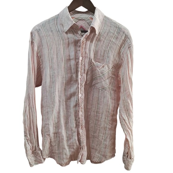 Bugatchi Uomo 100% Linen Button Up  Mens Striped Shirt Travel Cruise Size Medium - Picture 2 of 10